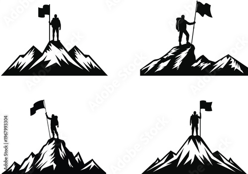 Success Concept Silhouette Person with Flag on Mountain Peak. Achievement and Leadership Goal Reached Mountain Climb Illustration.