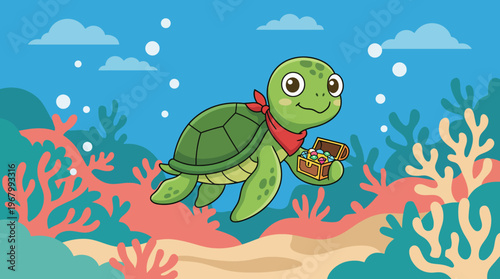 A delightful cartoon turtle swims underwater while carrying a treasure chest, surrounded by colorful coral, embodying adventure and joy in a vibrant, playful illustration.