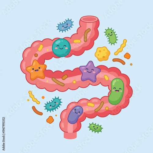 This whimsical illustration depicts a cartoon-style intestine populated by various smiling bacteria, embodying the friendly microorganisms essential for digestion and health.