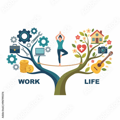 A visually striking illustration of a tree representing the balance between work and life, featuring distinct symbols on each side, capturing the essence of harmony and well-being.