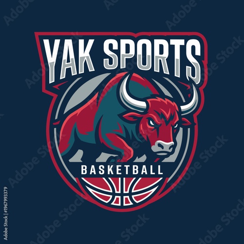 A strong and energetic logo design featuring a stylized yak, symbolizing strength and vigor in sports, particularly basketball, with an eye-catching color palette and layout.