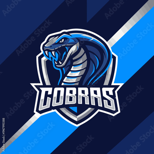 This image features a stylized blue cobra within a shield emblem, symbolizing power, strength, and determination for sports or gaming teams. Perfect for branding purposes.