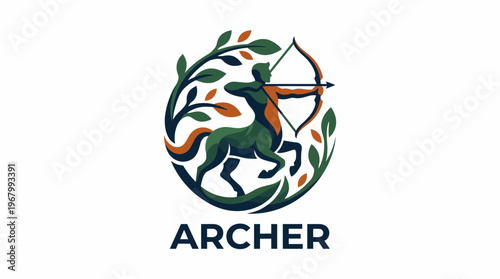 A beautifully crafted logo illustrating an archer against a backdrop of foliage, epitomizing precision, strength, and harmony with nature, perfect for branding outdoor activities.