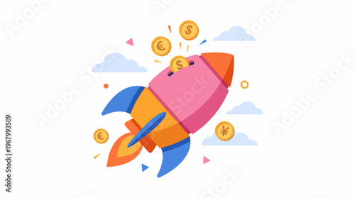 The image showcases a colorful rocket blasting off, surrounded by coins and symbols of currency, representing financial success, growth, and aspirations in a fun and vibrant style.