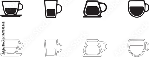 Teacups and mugs for hot drinks of various shapes. Vector icon set