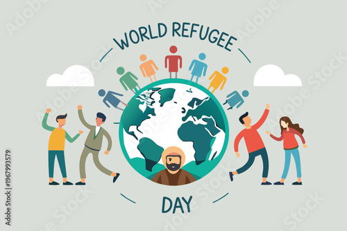 World refugee day illustration depicting diverse people surrounding a globe symbolizing global unity high quality professional