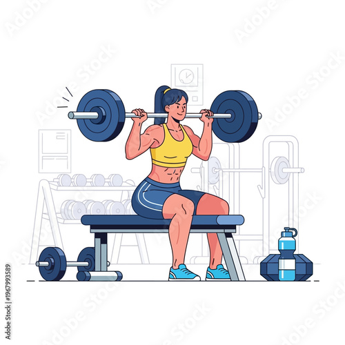 Woman lifting weights on bench press in gym, fitness and strength training