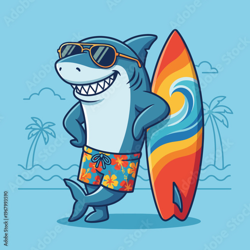 A charming cartoon shark wearing sunglasses and floral shorts poses next to a colorful surfboard, capturing a fun beach vibe that evokes feelings of relaxation and adventure.