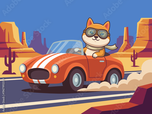 A cool cartoon cat wearing goggles drives a sporty convertible car down a desert road, symbolizing freedom, adventure, and a cheerful attitude in a vibrant and colorful landscape.
