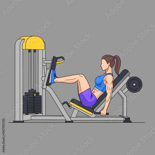 Woman exercising on leg press machine in gym, fitness and strength training