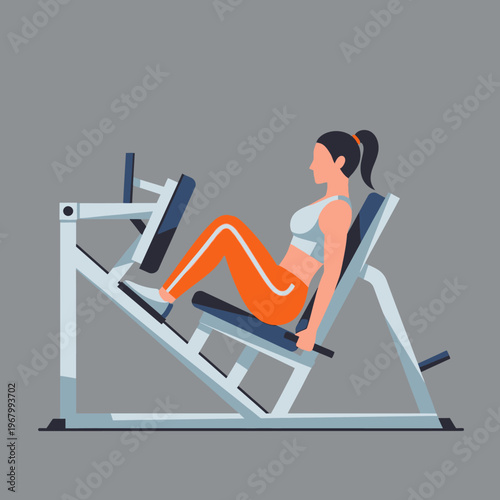 Woman exercising on leg press machine in gym, fitness and workout concept