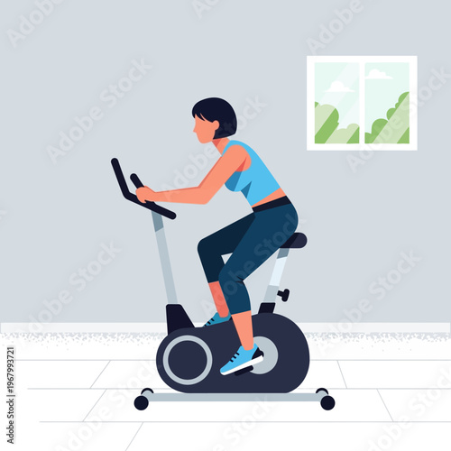 Woman exercising on stationary bike at home, healthy lifestyle, fitness and cardio workout