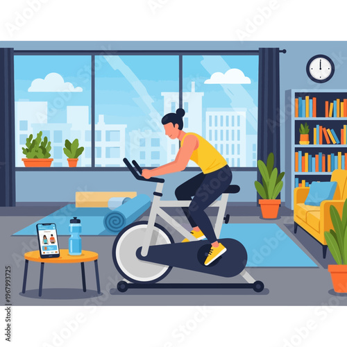 Woman exercising on stationary bike at home, fitness app on phone, healthy lifestyle