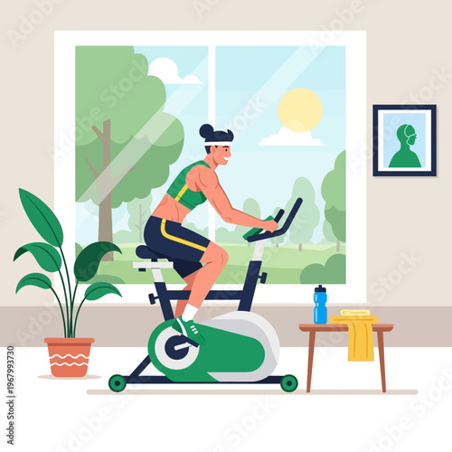 Woman exercising on stationary bike at home with sunny window view