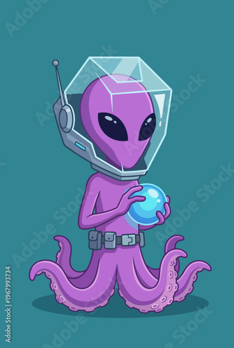 An intriguing purple octopus alien wears a futuristic helmet while holding a shimmering crystal ball, representing curiosity, exploration, and the wonders of cosmic mysteries.
