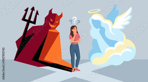 A young woman stands uncertainly between a devil figure and an angelic figure, contemplating choices, embodying the struggle between good and evil in a captivating illustration.