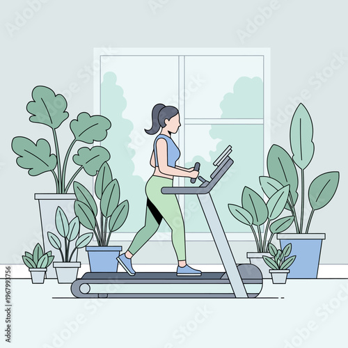 Woman exercising on treadmill at home surrounded by lush green plants and natural light