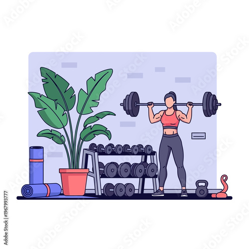 Woman lifting barbell in gym with dumbbells and plant, fitness workout