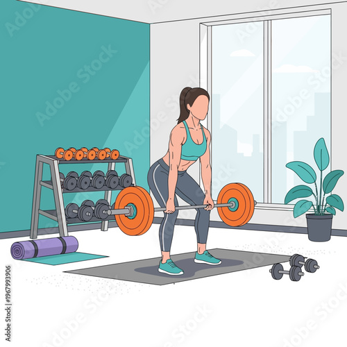 Woman lifting heavy barbell in home gym, fitness and strength training