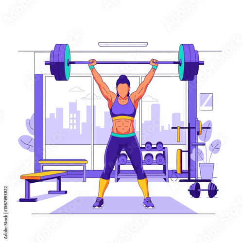Woman lifting heavy barbell overhead in gym, fitness, strength training, healthy lifestyle