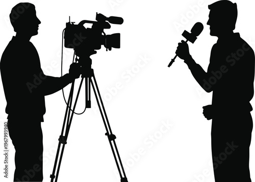 Cameraman and Reporter Interview Silhouette Media Production Scene. Journalist Interview with Video Camera Silhouette Broadcasting Concept.