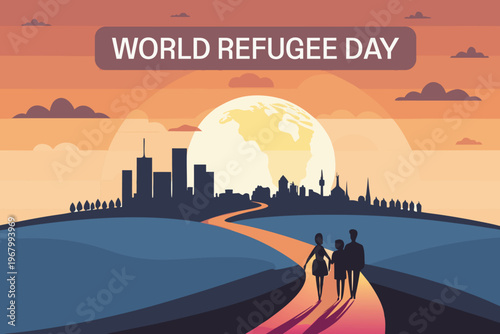 World refugee day illustration depicts a family walking towards a city skyline and globe high quality