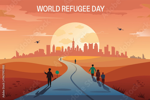 A family walks towards a city skyline under a large moon commemorating world refugee day