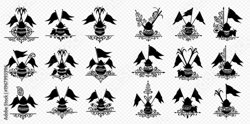 Set of Kalash with Flags and Leaves Vector Illustrations for Cultural and Religious Designs.