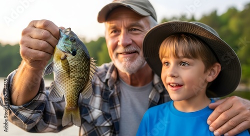 Joyful grandfather and grandson proudly display their catch during a memorable outdoor fishing adventure
