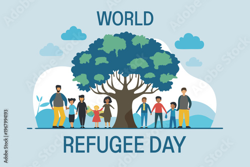A diverse group of people gather beneath a tree with world refugee day prominently displayed