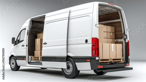 White delivery van with open cargo area full of boxes. Logistics and shipping service concept for ecommerce business.