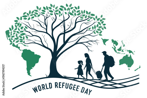 A family walks towards a tree formed from a world map symbolizing world refugee day