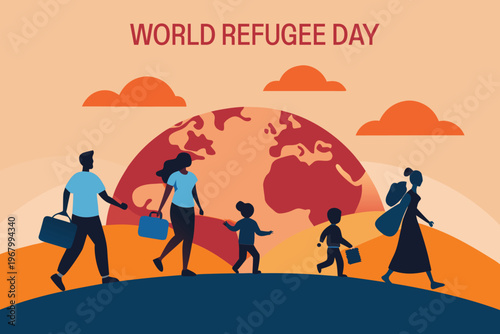 World refugee day illustration depicts silhouettes of people walking towards a globe and clouds high quality