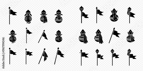 Set of black and white flags and kalash icons, traditional symbols in various styles.