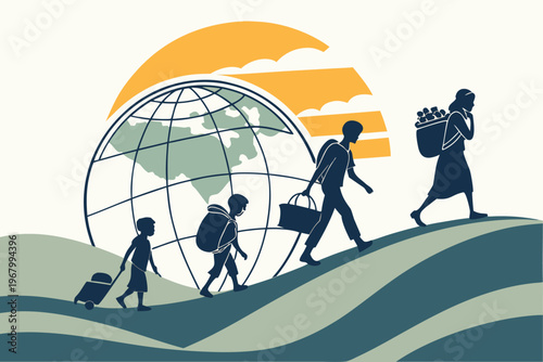 A family walks with belongings symbolizing migration and a hopeful future towards a global horizon