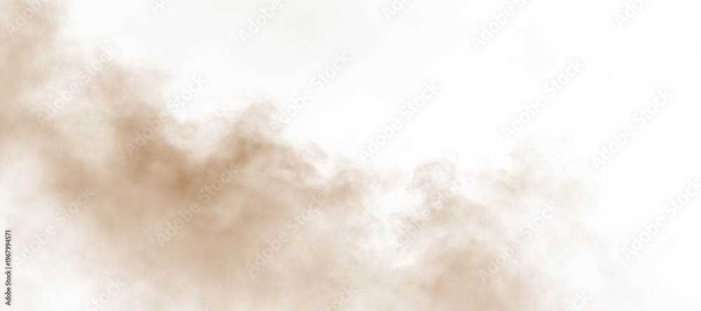 Obraz premium Dust, sand, soil, smoke cloud particles isolated on a clean transparent or white background. Brown sandstorm haze with dust explosion rising upward. Perfect design elements for compositing, overlays,