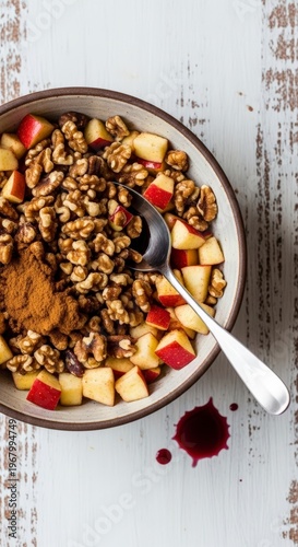 Healthy oatmeal breakfast with fruit and nuts.