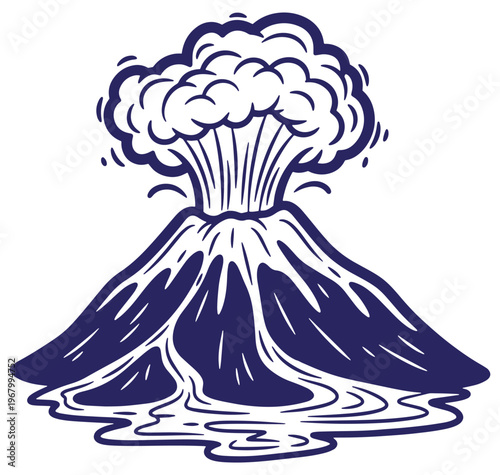 Illustration of a volcano erupting with smoke and lava in an appealing line art style.