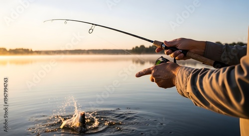 Exciting moment of a fish splashing from calm waters as an angler reels in a thrilling catch during early morning fishing