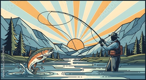 Man fishing at sunrise with a leaping salmon in a mountain landscape illustration
