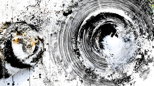 Fossilized spider transitioning into swimming motions through abstract water ripple effects.
