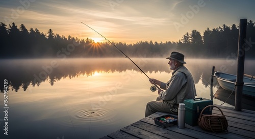 Elderly Fisherman Enjoying Tranquil Sunrise Over a Misty Lake from a Wooden Dock