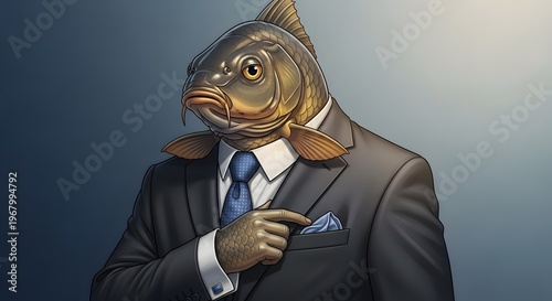 Surreal Carp-Headed Executive in Tailored Suit Adjusting Pocket Square with Determined Expression