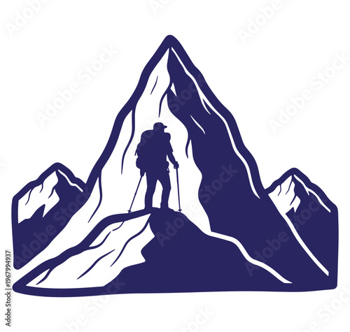Silhouette of a hiker standing atop mountain peak with hiking poles and backpack