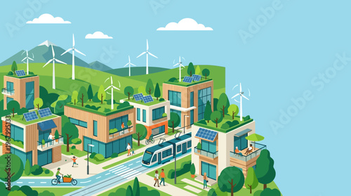 Sustainable Green City Illustration with Renewable Energy, Solar Panels, Wind Turbines, and Eco-Friendly Urban Planning