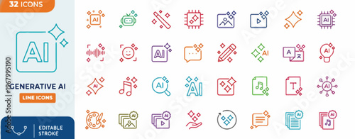 Modern Outline Icons Collection for Artificial Intelligence and Generative Design, Covering Digital Creativity, Machine Learning, and Innovative Technology Concepts