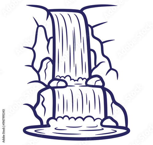 Simple illustration of a cascading waterfall flowing over rocks in a natural environment