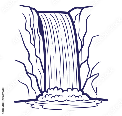Simple line art illustration of a beautiful waterfall cascading into a still pool of water