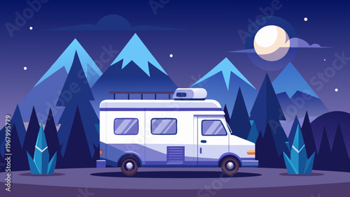 Night Camper Van Flat Vector