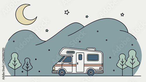 Night Camper Van Flat Vector